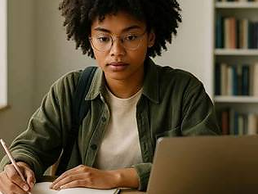 Student studying beside a laptop and notebook